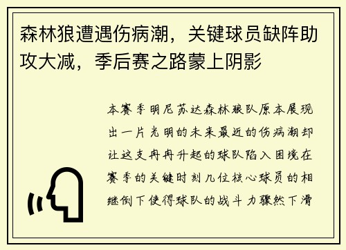 森林狼遭遇伤病潮，关键球员缺阵助攻大减，季后赛之路蒙上阴影